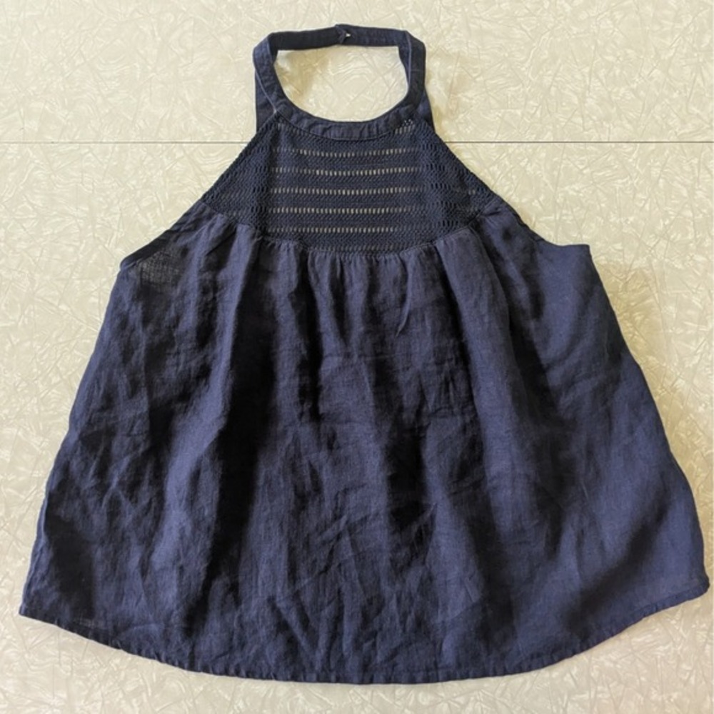 100% Linen Crochet‎ Sleeveless Navy Blue Halter Top Size Medium Rachel Zoe